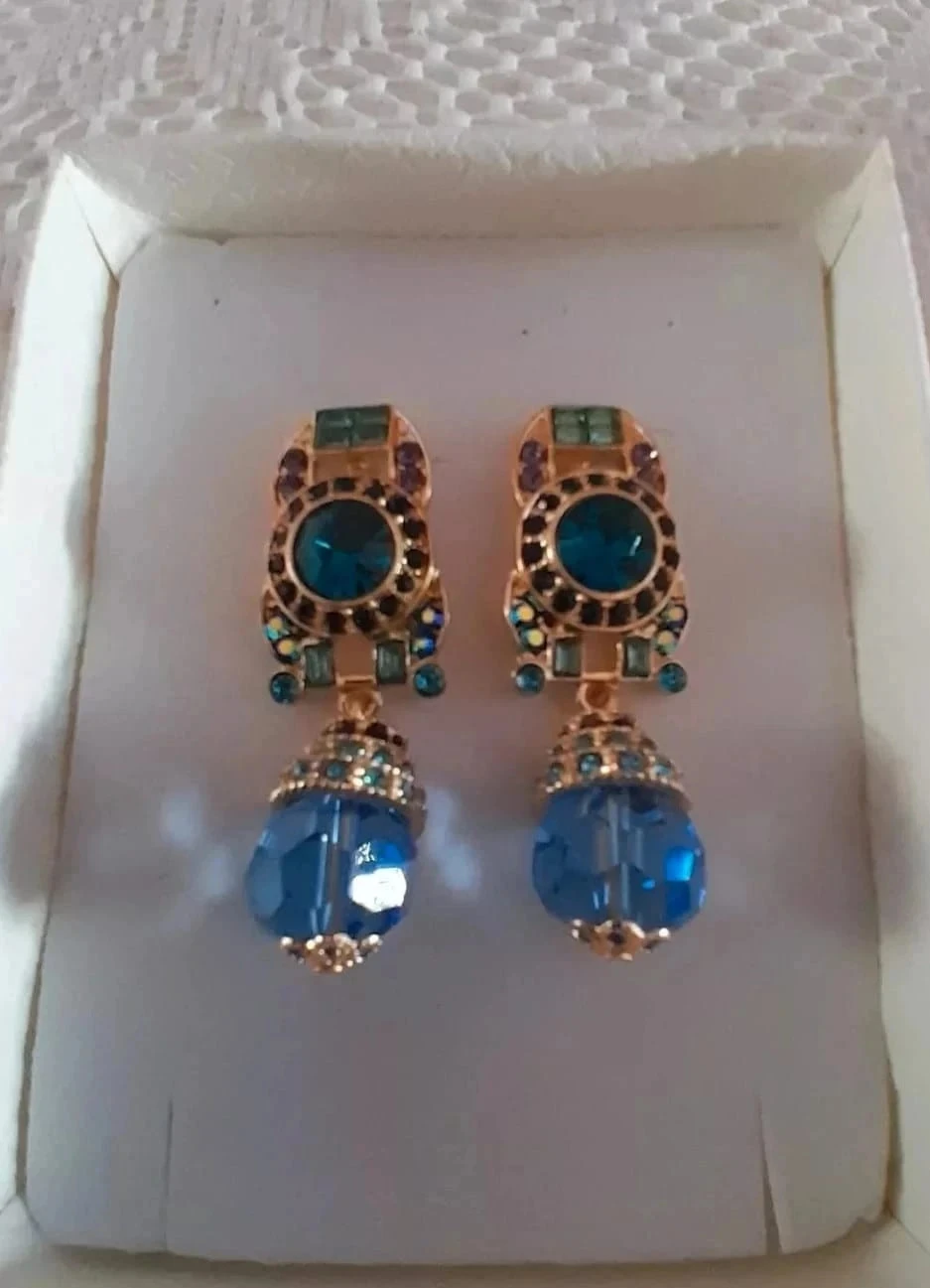 Boucles d'oreilles tendance, en cristal avec strass bleus et verts